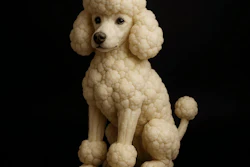 White Standard Poodle with fluffy coat and groomed appearance sitting against black background