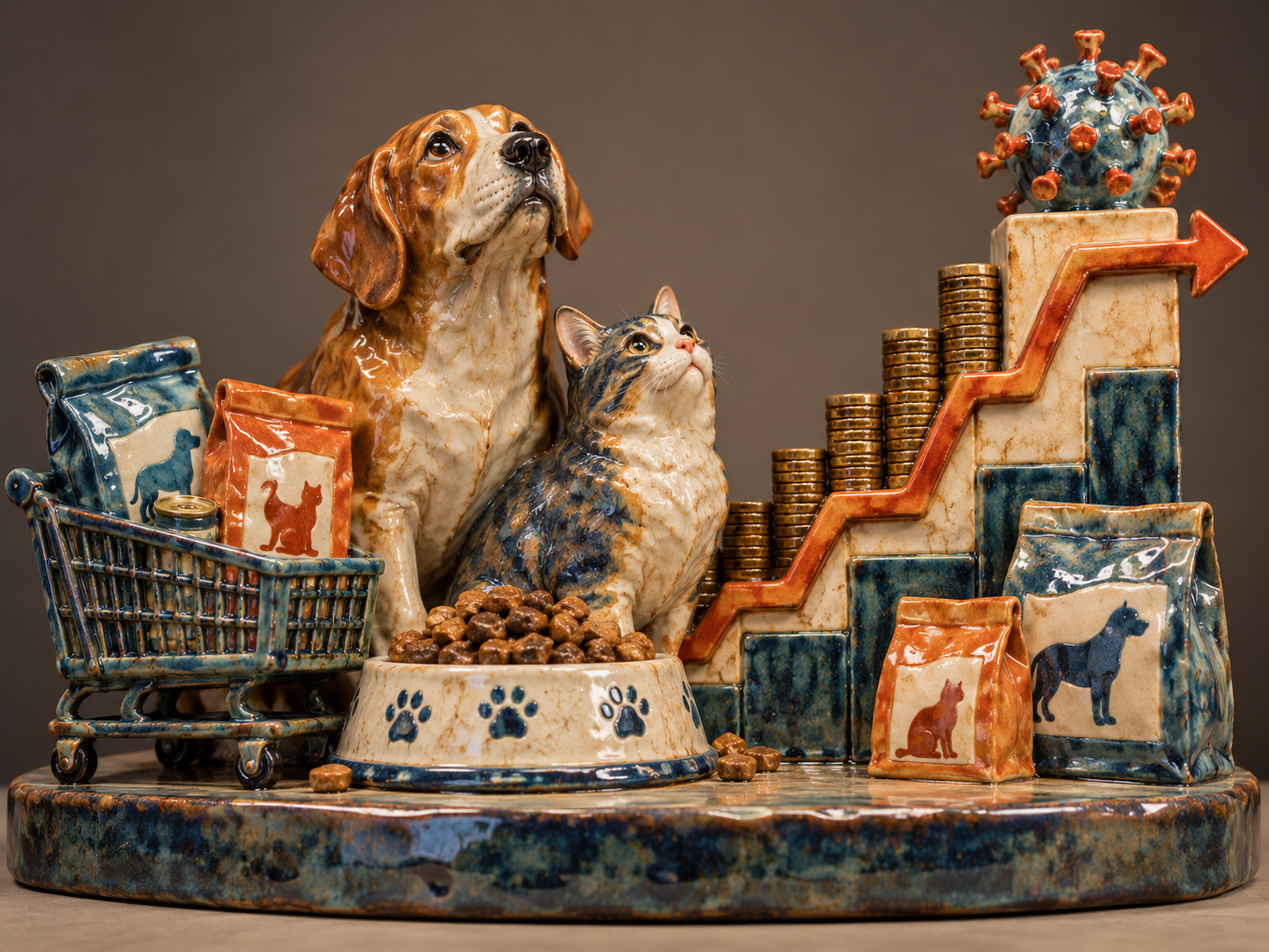 Dog and cat with shopping cart, food bowl, coins, and virus icon representing pet industry growth