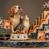Dog and cat with shopping cart, food bowl, coins, and virus icon representing pet industry growth
