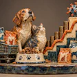 Dog and cat with shopping cart, food bowl, coins, and virus icon representing pet industry growth