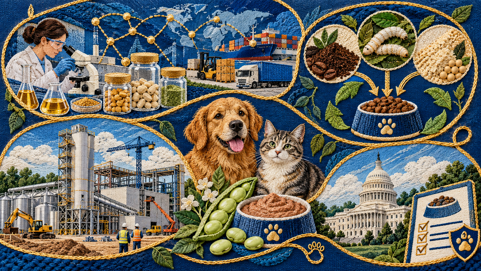 Infographic showing pet food production with dog, cat, ingredients, manufacturing facility, and supply chain logistics on blue background