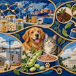 Infographic showing pet food production with dog, cat, ingredients, manufacturing facility, and supply chain logistics on blue background