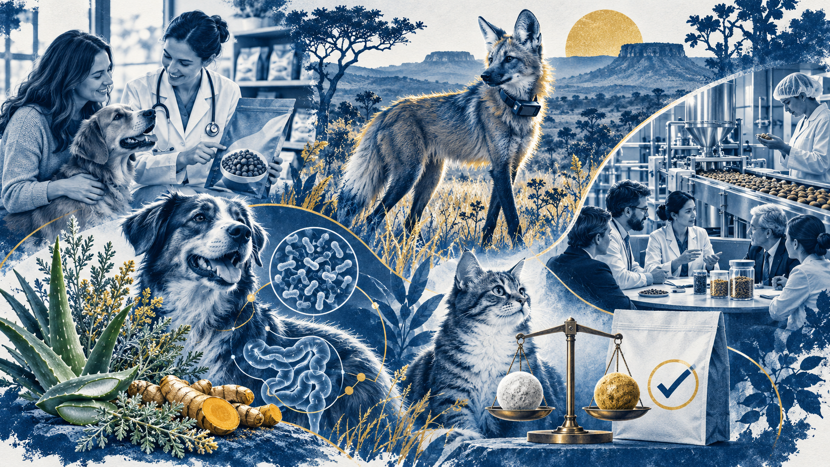 Collage illustration featuring veterinarian with pets, wildlife, medical microscope, urban professionals, and botanical elements in blue and gold tones