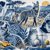 Collage illustration featuring veterinarian with pets, wildlife, medical microscope, urban professionals, and botanical elements in blue and gold tones
