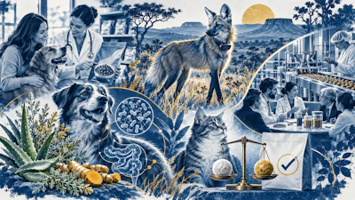 Collage illustration featuring veterinarian with pets, wildlife, medical microscope, urban professionals, and botanical elements in blue and gold tones