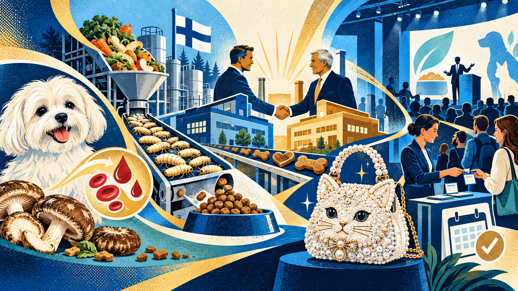 Illustrated infographic showing business professionals, a white dog and cat, food items, and a conference scene with blue and gold design elements.