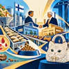 Illustrated infographic showing business professionals, a white dog and cat, food items, and a conference scene with blue and gold design elements.