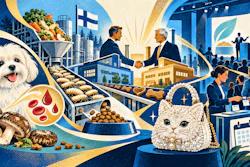 Illustrated infographic showing business professionals, a white dog and cat, food items, and a conference scene with blue and gold design elements.