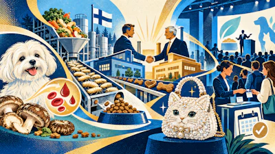 Illustrated infographic showing business professionals, a white dog and cat, food items, and a conference scene with blue and gold design elements.
