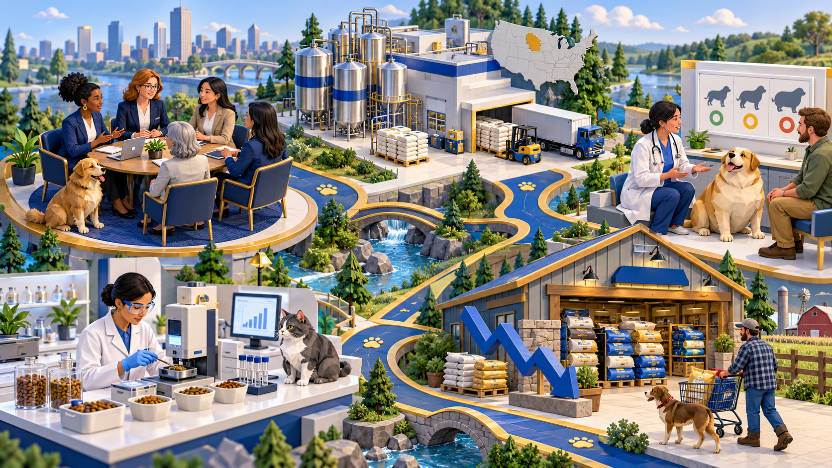Illustrated overview of pet food company operations showing manufacturing facility, retail store, veterinary clinic, and customer interactions with dogs in urban setting.