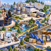 Illustrated overview of pet food company operations showing manufacturing facility, retail store, veterinary clinic, and customer interactions with dogs in urban setting.