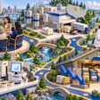 Illustrated overview of pet food company operations showing manufacturing facility, retail store, veterinary clinic, and customer interactions with dogs in urban setting.