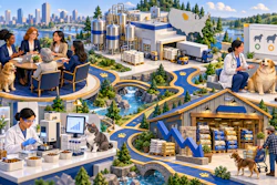 Illustrated overview of pet food company operations showing manufacturing facility, retail store, veterinary clinic, and customer interactions with dogs in urban setting.