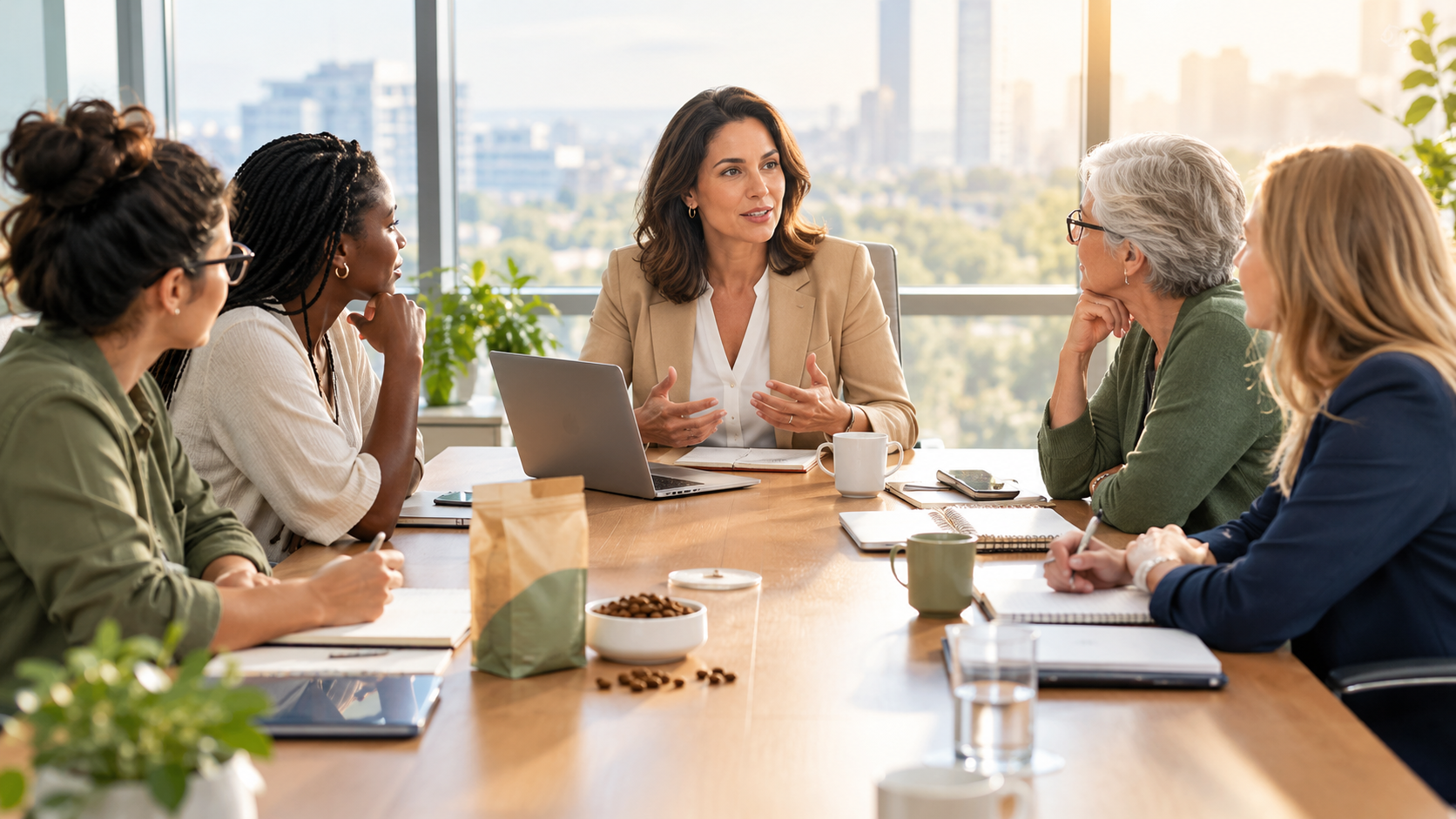 Professional women in business meeting around wooden table with city skyline view in modern office