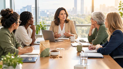 Professional women in business meeting around wooden table with city skyline view in modern office