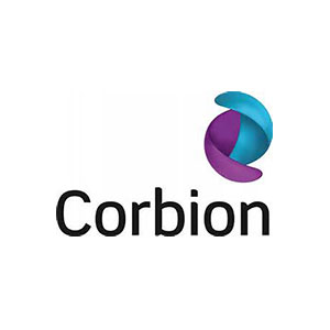 Corbion logo featuring abstract teal and purple circular symbol with company name