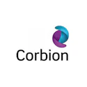 Corbion logo featuring abstract teal and purple circular symbol with company name