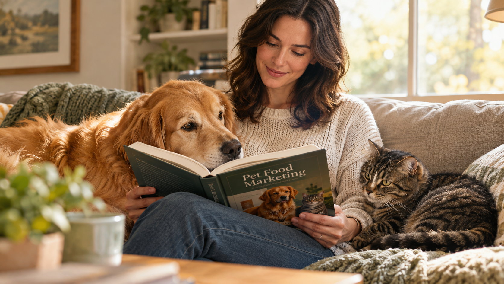 Woman reading Pet Food Marketing book on couch with golden retriever and tabby cat in bright living room