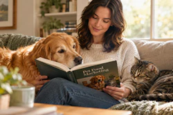 Woman reading Pet Food Marketing book on couch with golden retriever and tabby cat in bright living room