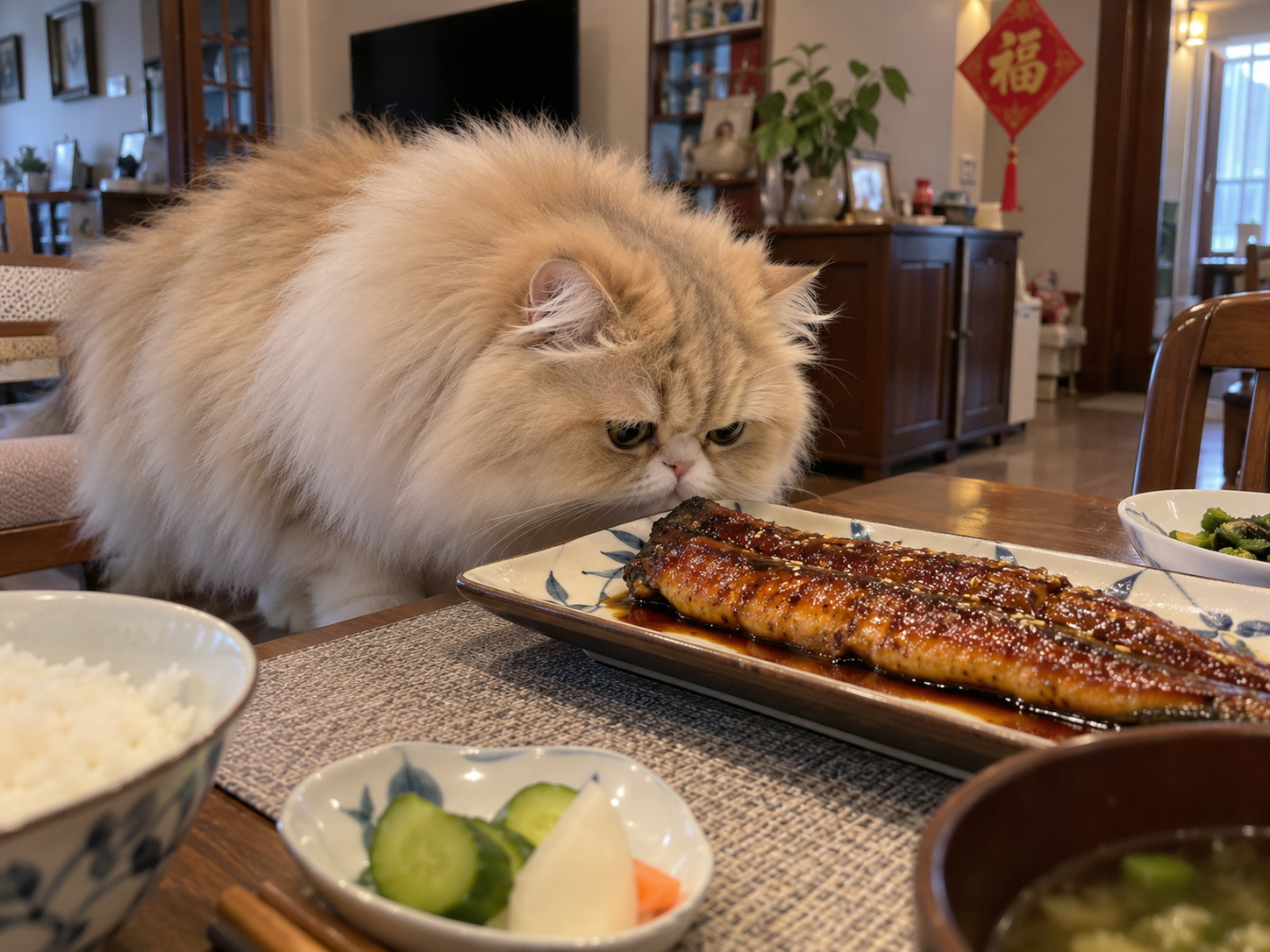 Fluffy long-haired cat leaning toward grilled fish on dining table with traditional Asian home décor