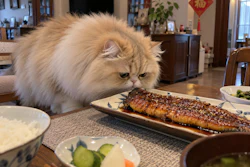 Fluffy long-haired cat leaning toward grilled fish on dining table with traditional Asian home décor