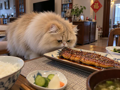Fluffy long-haired cat leaning toward grilled fish on dining table with traditional Asian home décor