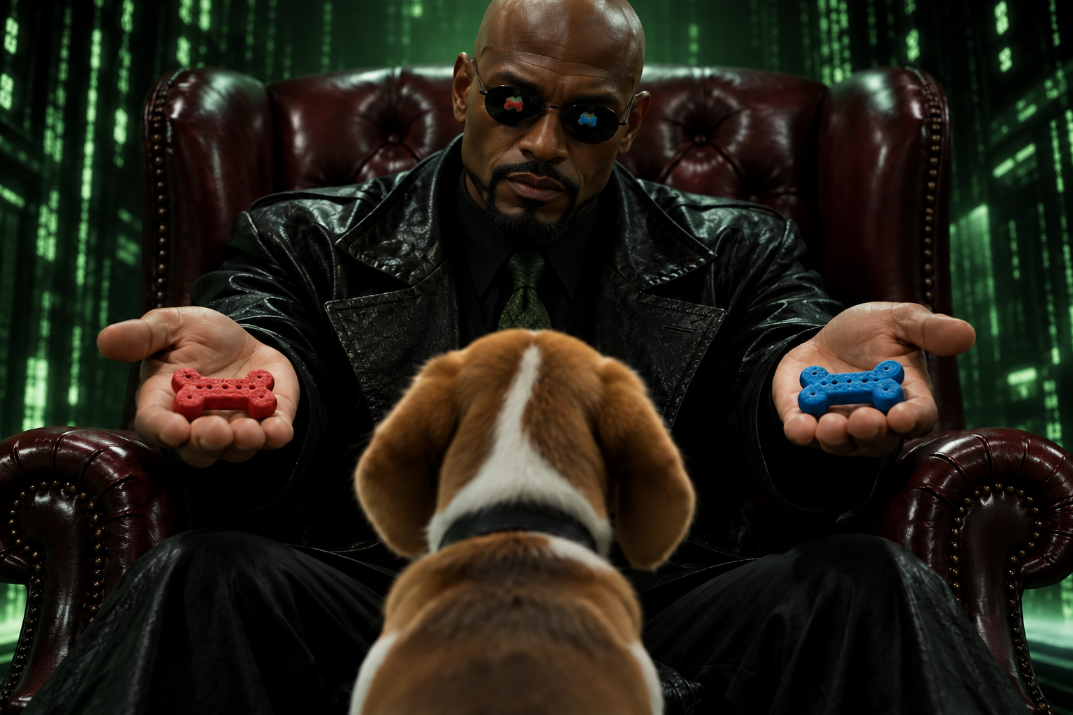Man in black leather coat and sunglasses holds red and blue pills while seated, with brown dog in foreground and digital code background