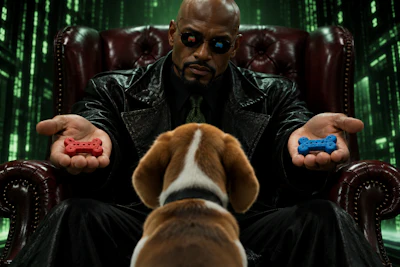 Man in black leather coat and sunglasses holds red and blue pills while seated, with brown dog in foreground and digital code background