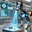 Futuristic robotic dog with glowing blue accents in a high-tech laboratory with scientific equipment and monitoring displays.