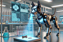 Futuristic robotic dog with glowing blue accents in a high-tech laboratory with scientific equipment and monitoring displays.