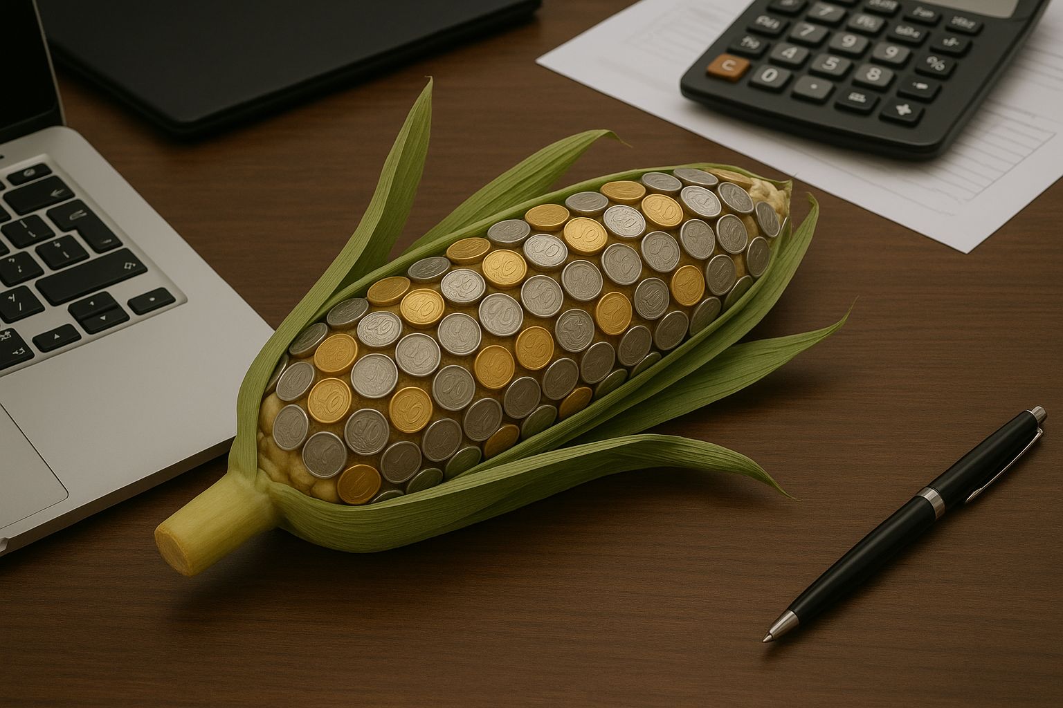 Corn cob filled with coins on desk with laptop, calculator, and pen
