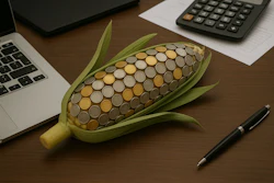 Corn cob filled with coins on desk with laptop, calculator, and pen