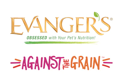 Evanger's pet nutrition brand logos featuring gold text with tagline and Against the Grain product line in vibrant magenta and orange