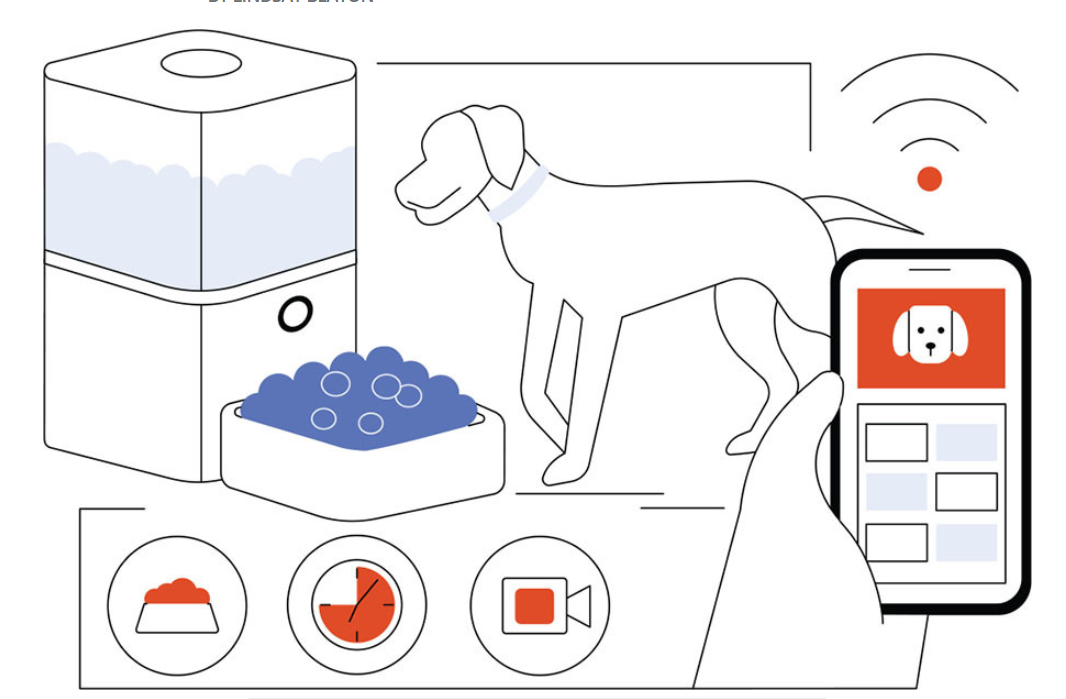 Smart pet care system showing humidifier, dog, water bowl, mobile app with dog icon, and features for feeding, nutrition tracking, and video monitoring