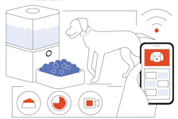 Smart pet care system showing humidifier, dog, water bowl, mobile app with dog icon, and features for feeding, nutrition tracking, and video monitoring