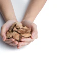 Handful of roasted cashew nuts held in open palms against white background