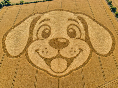 Aerial view of a smiling dog face crop circle art created in a harvested grain field with circular spiral patterns