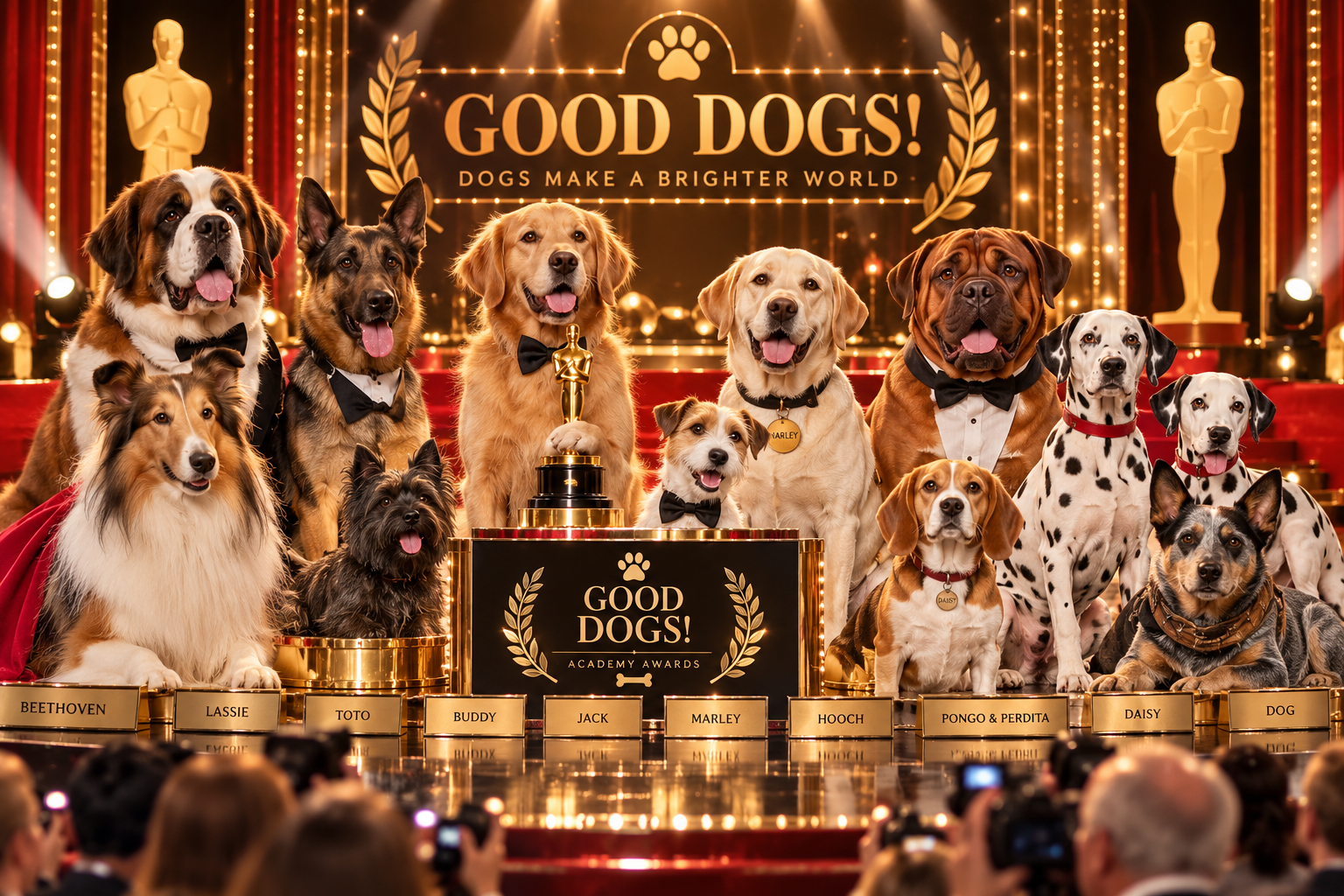 Multiple dogs on an Oscar-style stage with 'Good Dogs' banner and trophy in a theatrical awards ceremony setting