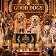 Multiple dogs on an Oscar-style stage with 'Good Dogs' banner and trophy in a theatrical awards ceremony setting