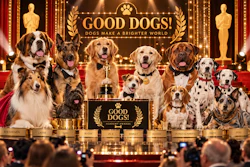 Multiple dogs on an Oscar-style stage with 'Good Dogs' banner and trophy in a theatrical awards ceremony setting