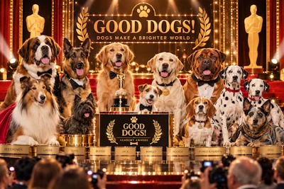 Multiple dogs on an Oscar-style stage with 'Good Dogs' banner and trophy in a theatrical awards ceremony setting