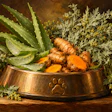 Copper pet bowl with paw print emblem filled with fresh turmeric root, aloe vera, and dried herbs on rustic wooden surface