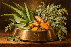 Copper pet bowl with paw print emblem filled with fresh turmeric root, aloe vera, and dried herbs on rustic wooden surface