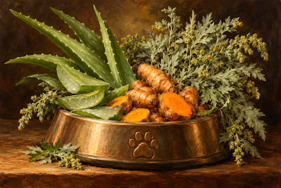 Copper pet bowl with paw print emblem filled with fresh turmeric root, aloe vera, and dried herbs on rustic wooden surface