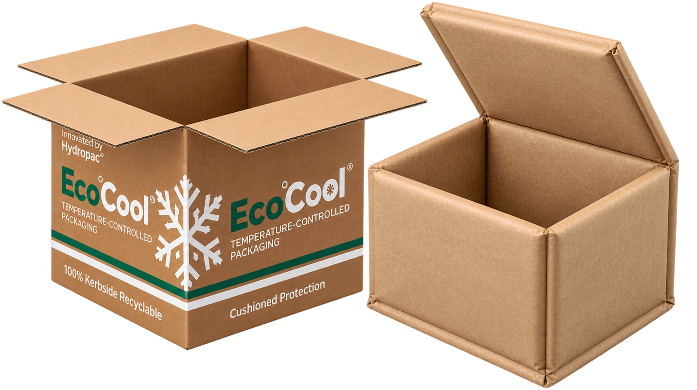 EcoCool temperature-controlled cardboard shipping boxes with green and white branding
