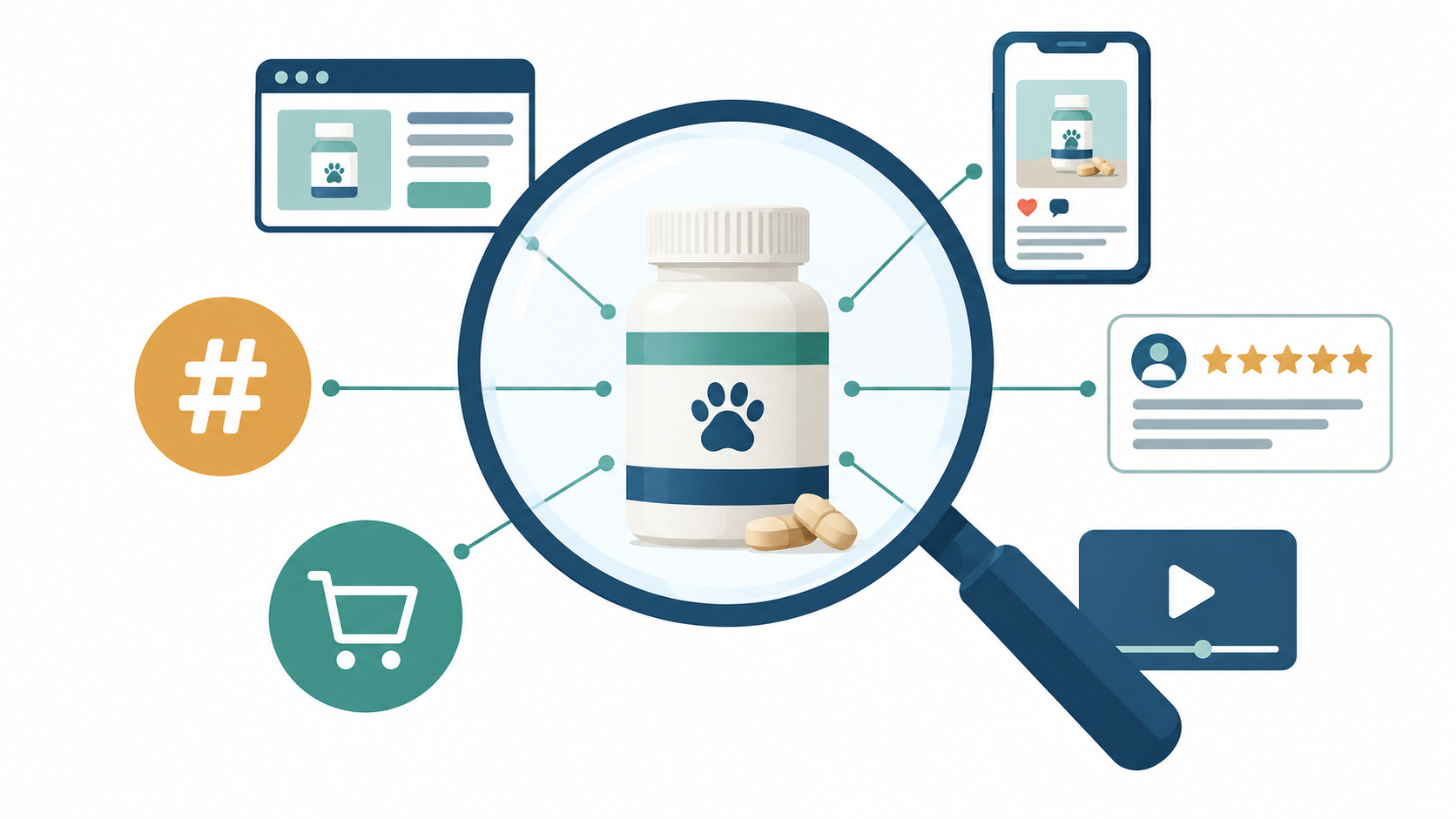 Pet supplement bottle surrounded by digital marketing icons including website, mobile app, reviews, video, shopping cart, and hashtag symbols representing online product discovery.