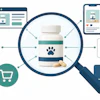 Pet supplement bottle surrounded by digital marketing icons including website, mobile app, reviews, video, shopping cart, and hashtag symbols representing online product discovery.