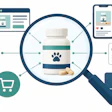 Pet supplement bottle surrounded by digital marketing icons including website, mobile app, reviews, video, shopping cart, and hashtag symbols representing online product discovery.