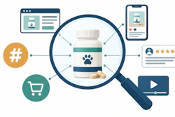 Pet supplement bottle surrounded by digital marketing icons including website, mobile app, reviews, video, shopping cart, and hashtag symbols representing online product discovery.