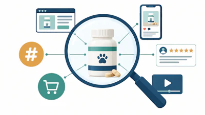 Pet supplement bottle surrounded by digital marketing icons including website, mobile app, reviews, video, shopping cart, and hashtag symbols representing online product discovery.